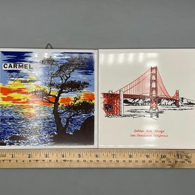 Pair of Hanging Home Decor Tiles Carmel By the Sea & Golden Gate Bridge Souvenirs