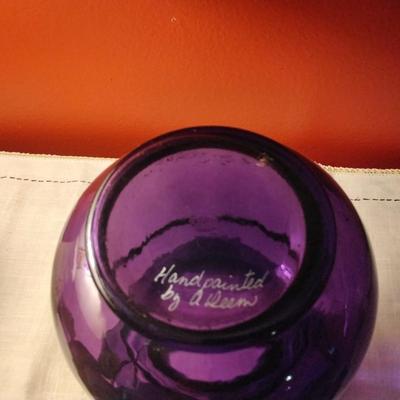 1950 Fenton Hand Painted Signed A. Deem Purple Glass Vase 9"
