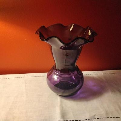 1950 Fenton Hand Painted Signed A. Deem Purple Glass Vase 9"