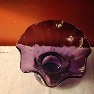 1950 Fenton Hand Painted Signed A. Deem Purple Glass Vase 9"