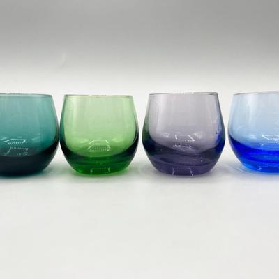 Small Lot of 4 Colorful Bubble Glass Drinking Shot Glasses blue green purple teal
