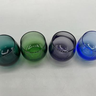 Small Lot of 4 Colorful Bubble Glass Drinking Shot Glasses blue green purple teal