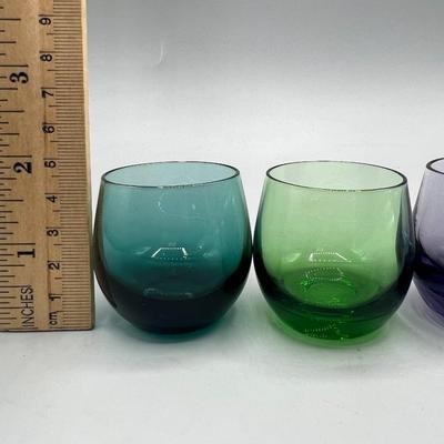 Small Lot of 4 Colorful Bubble Glass Drinking Shot Glasses blue green purple teal