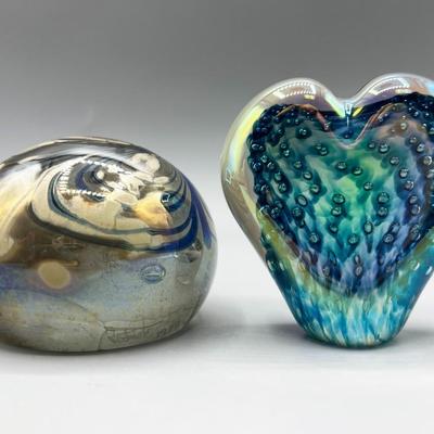 Multi Colored Bubble Heart Shaped & Round Displayable Glass Paperweight Sculptures