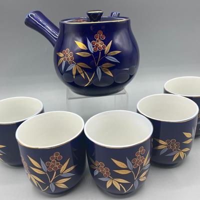 Retro Oriental Pottery Blue Handle Filtered Teapot & Teacup Set