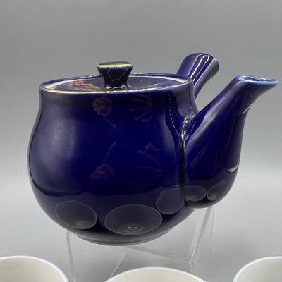 Retro Oriental Pottery Blue Handle Filtered Teapot & Teacup Set