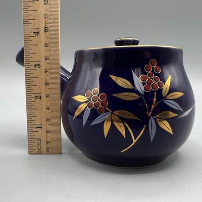Retro Oriental Pottery Blue Handle Filtered Teapot & Teacup Set