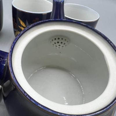 Retro Oriental Pottery Blue Handle Filtered Teapot & Teacup Set