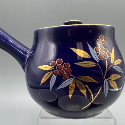Retro Oriental Pottery Blue Handle Filtered Teapot & Teacup Set