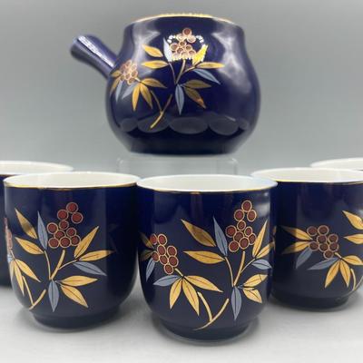 Retro Oriental Pottery Blue Handle Filtered Teapot & Teacup Set