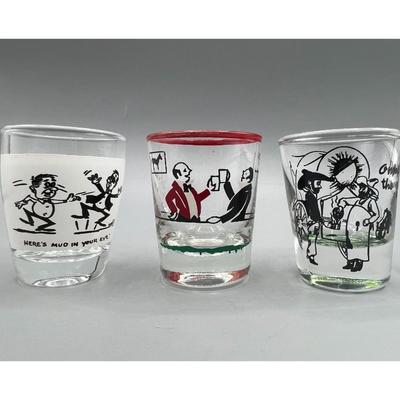 Lot of Retro Graphic Cartoon Design Barware Shot Glasses