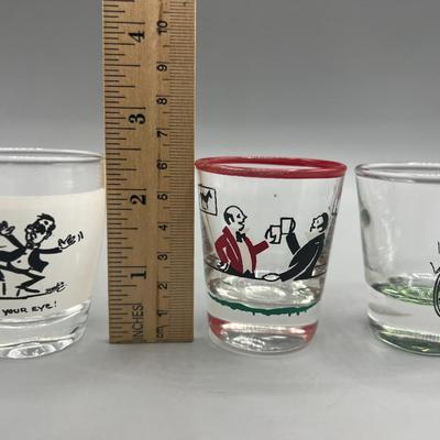 Lot of Retro Graphic Cartoon Design Barware Shot Glasses