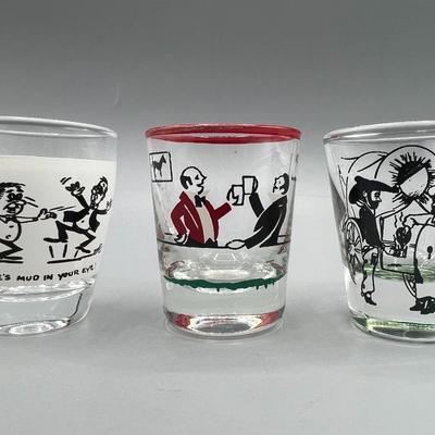 Lot of Retro Graphic Cartoon Design Barware Shot Glasses