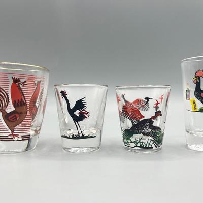 Lot of Retro Different Sized Rooster Wild Bird Barware Shot Glasses