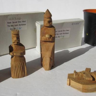Holiday Lot: Halloween Small Bucket, Pez Witch, Christmas Nativity Pieces from Isreal, Block Toy