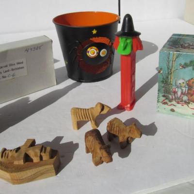 Holiday Lot: Halloween Small Bucket, Pez Witch, Christmas Nativity Pieces from Isreal, Block Toy