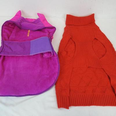 Dog Coat (purple, pink, orange) and Dog turtleneck sweater (red) Size Large