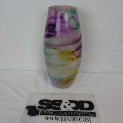 Tall Glass Vase by Franco Design, Colorful Watercolor Design 14.5" tall