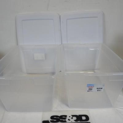 2 Sterilite 58 qt Storage Boxes, Clear with White Lids. CRACKED CORNERS