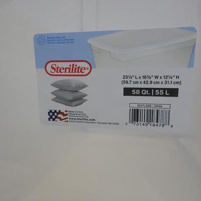 2 Sterilite 58 qt Storage Boxes, Clear with White Lids. CRACKED CORNERS