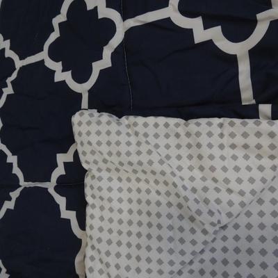 8 pc Queen Bedding Set, Navy/White/Gray: Skirt, Flat Sheet, Fitted Sheet, etc