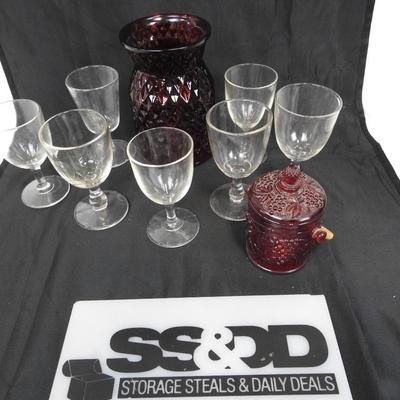7 Wine Glasses, Red Glass Jar with Handle, Red Flower Vase