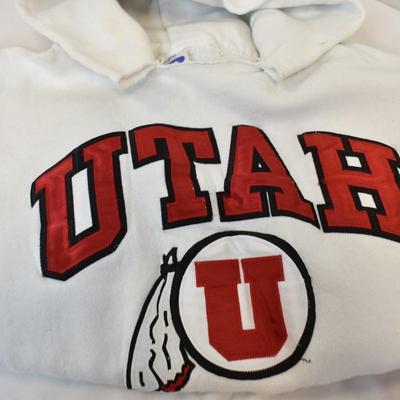 2 Sweatshirts: White UofU Hoodie, & Ralph Lauren Striped Sweatshirt. Both Large
