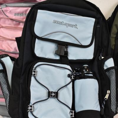 3 Eastsport Multipurpose Sport Backpacks with Coordinating Water Bottles, New
