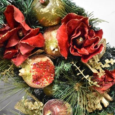 30" Holiday Wreath, Winter Fruits, Gold and Red Accented Artificial Pine Wreath
