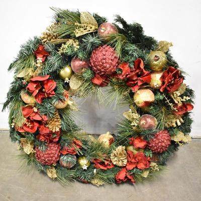 30" Holiday Wreath, Winter Fruits, Gold and Red Accented Artificial Pine Wreath