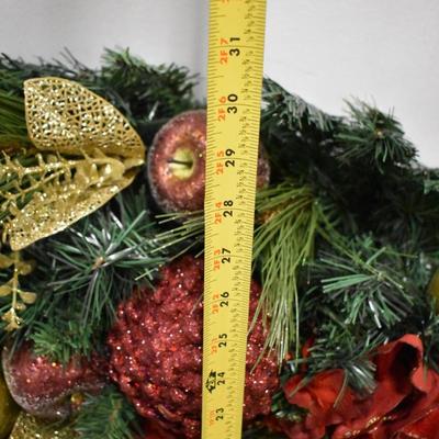 30" Holiday Wreath, Winter Fruits, Gold and Red Accented Artificial Pine Wreath