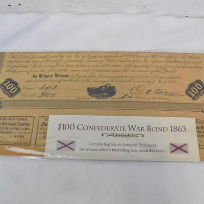 $100 Confederate War Bond 1863 Genuine Replica on Antiqued Parchment 1994 Print