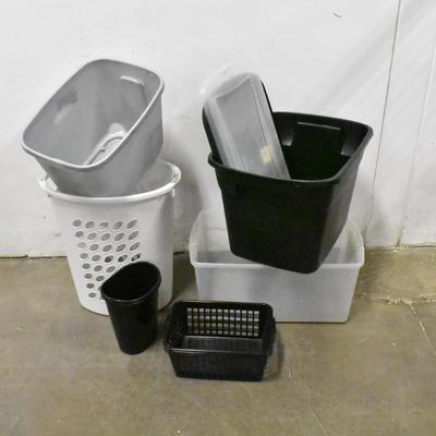 9 Piece Home Organization, 3 Plastic Totes, 3 Small Baskets, Laundry Basket