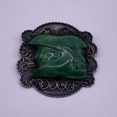 Vintage Sterling Silver Green Onyx Tribal Mayan Aztec Brooch