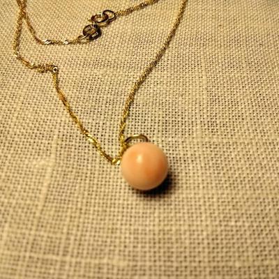 Fine 7 1/2 MM Pink Cloud Angel Skin Coral Drop extra Large 14kt hoop on 14k solid gold chain