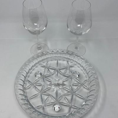 Pair of Crystal Spiegelau Glasses and Crystal Serving Dish