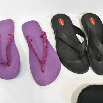 7 Pairs of Women's Footwear, Flip Flops, Water Shoes, Size 8-9
