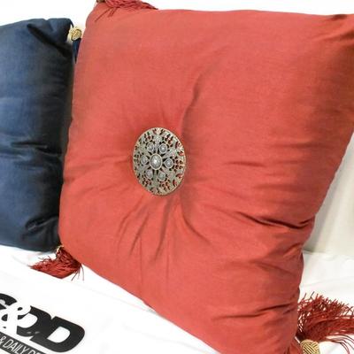 Two 15" Square Pillows, Red and Blue With Tassels
