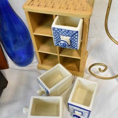 9 pc Home Decor, Glass Bottle, Wooden Chest, Candle Holder