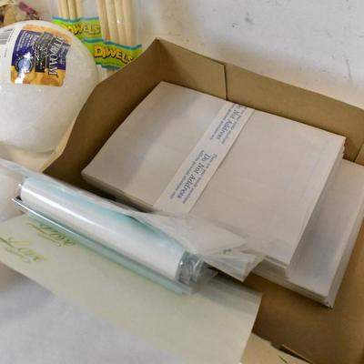 Assorted Craft Supplies, Sign Stakes, Foam Balls, Paper, Dowels