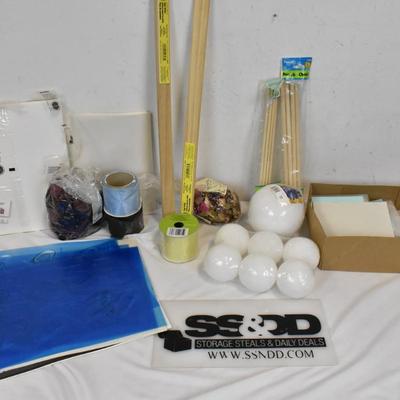 Assorted Craft Supplies, Sign Stakes, Foam Balls, Paper, Dowels