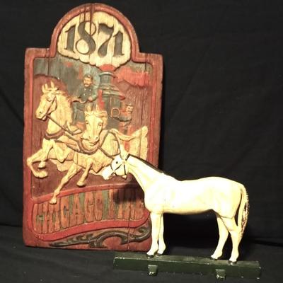 METAL HORSE DOORSTOP AND WOODEN SIGN