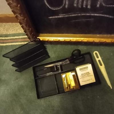 FRAMED NOTES CHAULKBOARD -METAL DESK HOLDERS AND DESK LAMP