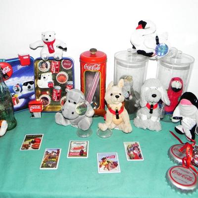 COKE COLA PLUSH ANIMALS WITH TAGS-MAGNETS-STRAW HOLDER-MORE