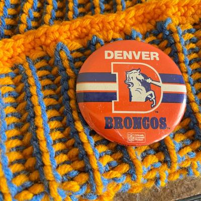 2 Stocking caps with Broncos pins