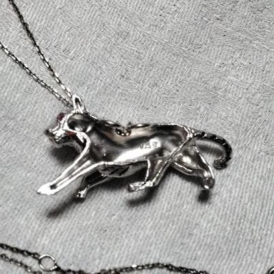 Lee Michaels 925 Tiger With Ruby Eyes And Diamond Collar  17" Necklace