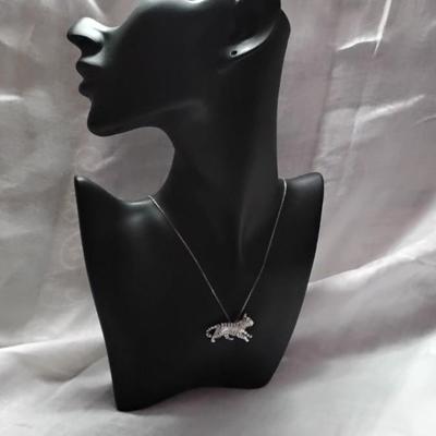 Lee Michaels 925 Tiger With Ruby Eyes And Diamond Collar  17" Necklace