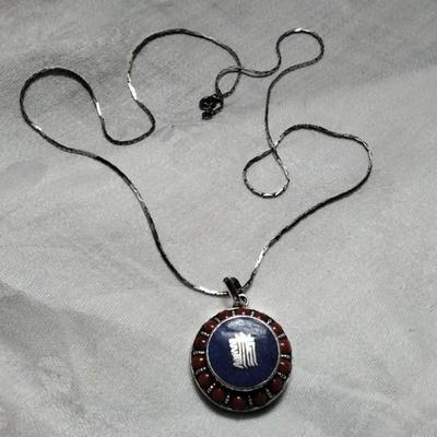 Unique New Old Stock Asian Lapis Lazuli And Red Coral Medallion 925 22" Necklace