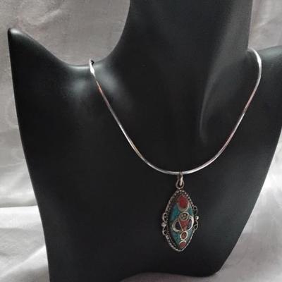 Vintage Turquoise/Red Turquoise/Lapis Lazuli 18"  925 Necklace