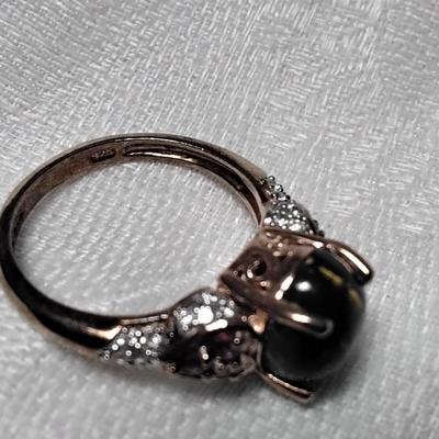 Unique STS Tiger Eye/Rhodolite Garnets/Diamonds 14k Rose Gold/925 Size 7